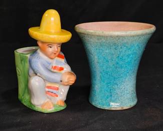 Vtg Mexican Man Planter & Vtg 1930 Pottery Vase