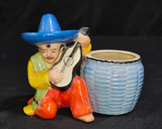 Vintage Man Playing Guitar with Basket Planter