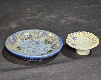 Blue & White Salt Cup & Small Blue Stoneware Plate