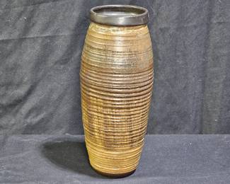 Signed Brown Ribbed Pottery Vase