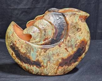 Green & Brown Mottled Terracotta Long Oval Vase