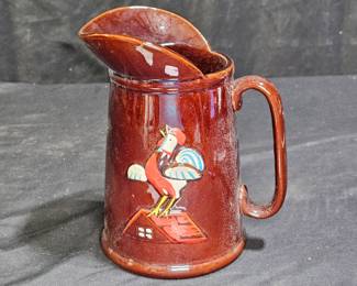 Vtg Brown Glazed Milk Pitcher "Rooster on Roof"