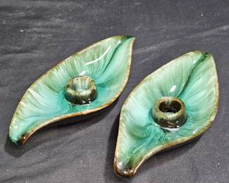 Canada Pottery Green Leaf Candle Stick Holders