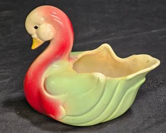 Vtg MCM Pink & Green Pottery Swan Planter
