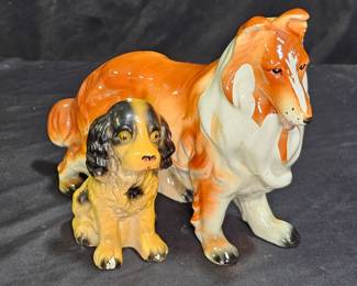 2 Vintage Ceramic Dog Planters: Collie & Spaniel