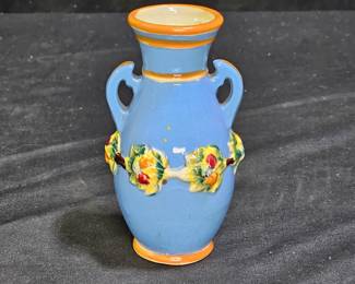 Blue Glazed Double Handle Floral Embossed Vase