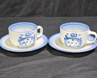 2 M.A. Hadley Polka Dot Pig Cups & Saucers