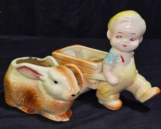 Vtg Bunny Rabbit Planter & Boy w/ Cart Planter