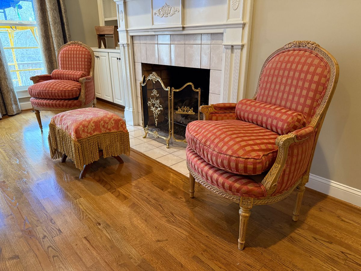 Pair of French upholstered chairs & ottoman