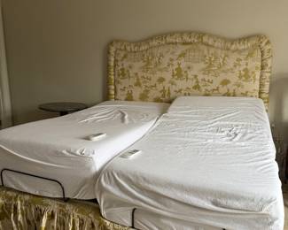 Adjustable base, split king bed with like new Nectar Mattresses. Custom upholstered headboard & bed skirt 
