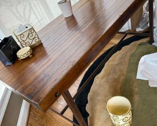 Custom teak butcher block table on iron base 