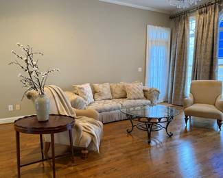 Sofa, chairs, mahogany side table, glass coffee table 