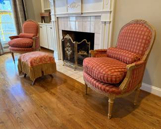 Pair of French upholstered chairs & ottoman