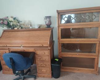 Oak Roll Top desk and barrister bookcase with leaded glass doors