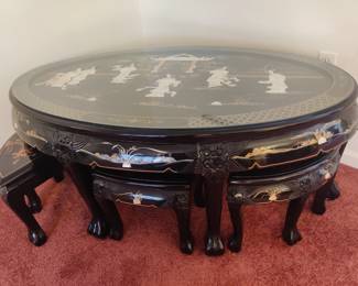 Black laquered table, 6 seat, mother of pearl details