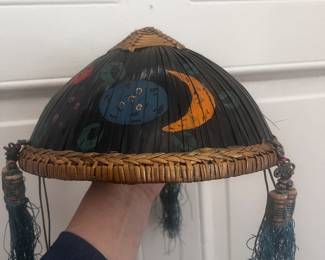Antique Chinese Conical men’s handpainted tassels hat c 1930s