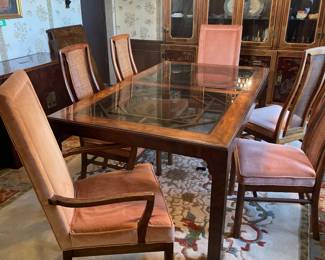Drexel Heritage Asian Glass Top Dining Table and 6 Dining Chairs 