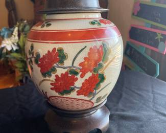 Vintage Hand Painted Lidded Ginger Jar, Wooden Lid And Stand, Hong Kong