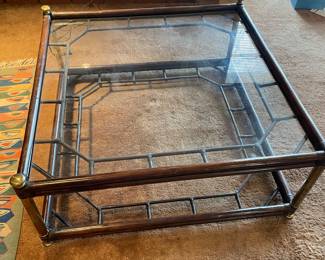 Vintage Large Wood Coffee Table with Glass Top