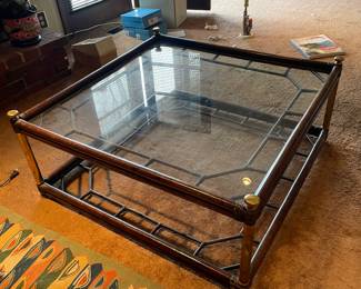 Vintage Large Wood Coffee Table with Glass Top