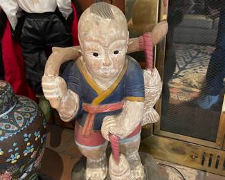 Carved Chinese Figurine Boy Carrying Fish 20"