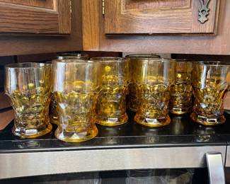 MCM Amber Anchor Honeycomb Drinking Glasses/Tumblers - Set of 