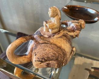 Vintage Asian Hand Carved Stone - Water Buffalo & Rider Farmer Teapot