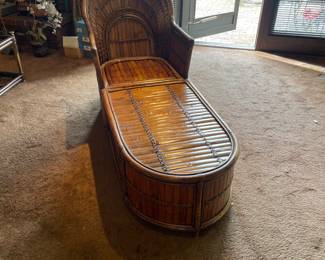 Mid Century Modern Rattan Bamboo Chaise Lounge with Removable Cushion 