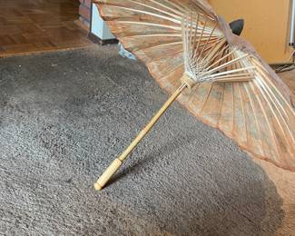 Vintage Asian Rice Paper and Bamboo Umbrella