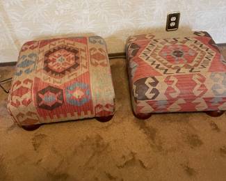 Pair of Bombay Co Square Kilim Rug Ottoman/Footstool with Wooden Feet