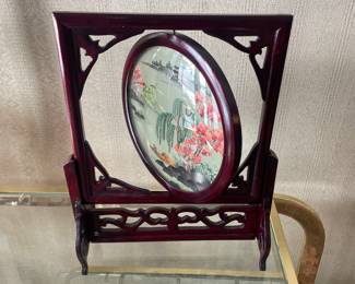 Vintage Asian Silk Flower Embroidery Double Sided Carved Wood Rotating Frame