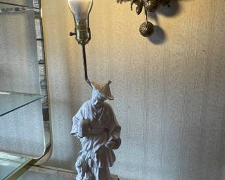 Vintage Blanc De Chine Chinese Style Figural Porcelain Table Lamp & Shade - 35.5"