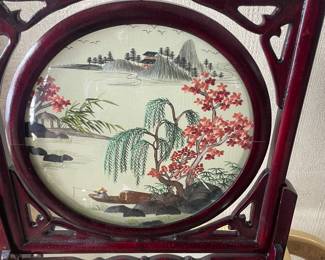 Vintage Asian Silk Flower Embroidery Double Sided Carved Wood Rotating Frame