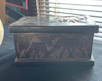 Vintage Trinket Jewelry Box Hand Carved All Dark Wood Elephant Safari