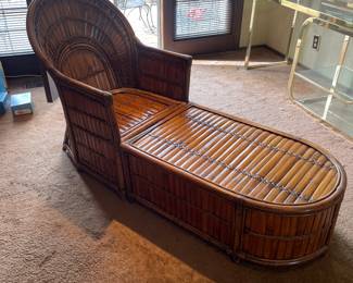 Mid Century Modern Rattan Bamboo Chaise Lounge with Removable Cushion 
