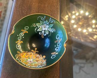 Vintage Hand painted Bohemian Emerald and Gold Dish