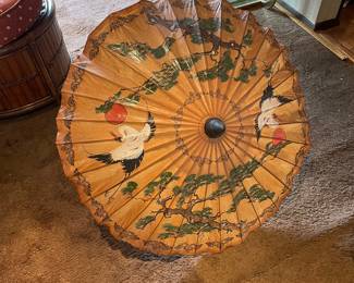 Vintage Asian Rice Paper and Bamboo Umbrella