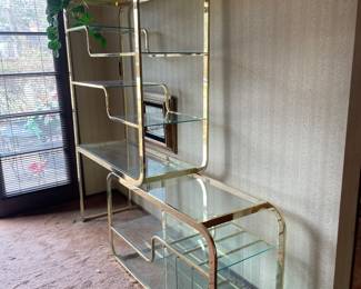 MCM Milo Baughman Style Brass Etagere with Glass Shelves 