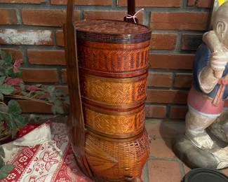 Vintage Chinese 4-Tier Bamboo and Rattan Food Basket