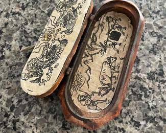 Antique Chinese Chinoiserie Carved Wood Bone Inlay Eyeglass Case Box