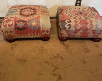Pair of Bombay Co Square Kilim Rug Ottoman/Footstool with Wooden Feet