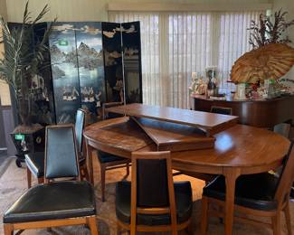 MCM Walnut Dining Table with 2 Leaves and 6 Chairs 