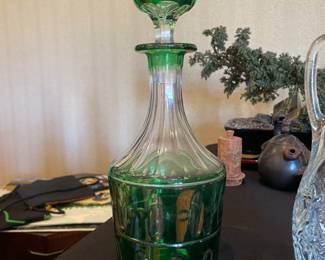 Vintage Bohemian Crystal Decanter Hand Cut Green to Clear with Stopper