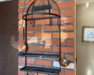 Vintage Farmhouse Black Metal Pot Rack with Spice Shelf