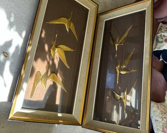 Pair of MCM Turner Mfg. Co. Brass Geese in Flight Shadow Box Art Pieces