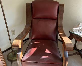 Western Style Solid Oak Rocking Chair with Red Leather Seat