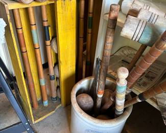 Antique Wooden Croquet Set, The Pottery CO. 3 Gallon Stoneware Crock