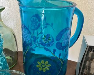 Bright Blue Hand Painted Floral Glass Pitcher