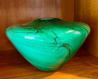 Glass Art Turquoise and Green Swirl Vase
