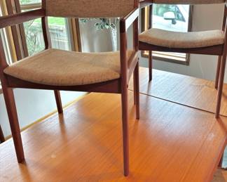 D-Scan Danish Teak Mid Century Dining Table with 6 Tweed Upholstered Seat Dining Chairs